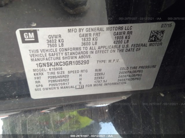 Photo 8 VIN: 1GNSKJKC3GR105290 - CHEVROLET SUBURBAN 