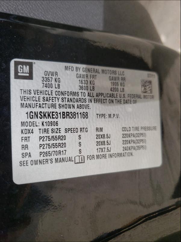 Photo 9 VIN: 1GNSKKE31BR381168 - CHEVROLET SUBURAN 