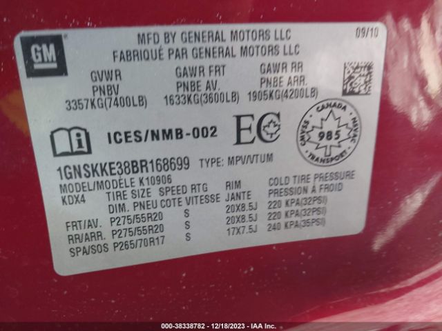 Photo 8 VIN: 1GNSKKE38BR168699 - CHEVROLET SUBURBAN 1500 