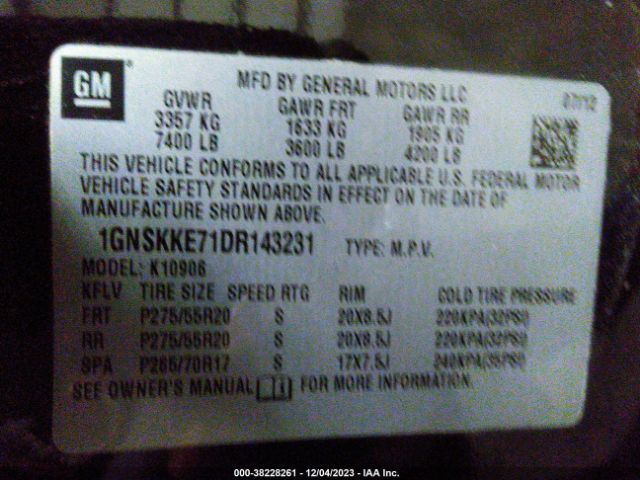 Photo 8 VIN: 1GNSKKE71DR143231 - CHEVROLET SUBURBAN 