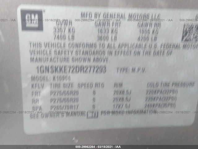 Photo 8 VIN: 1GNSKKE72DR277293 - CHEVROLET SUBURBAN 