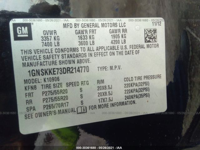 Photo 8 VIN: 1GNSKKE73DR214770 - CHEVROLET SUBURBAN 