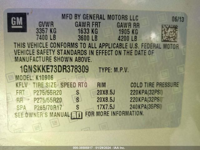 Photo 8 VIN: 1GNSKKE73DR378309 - CHEVROLET SUBURBAN 1500 