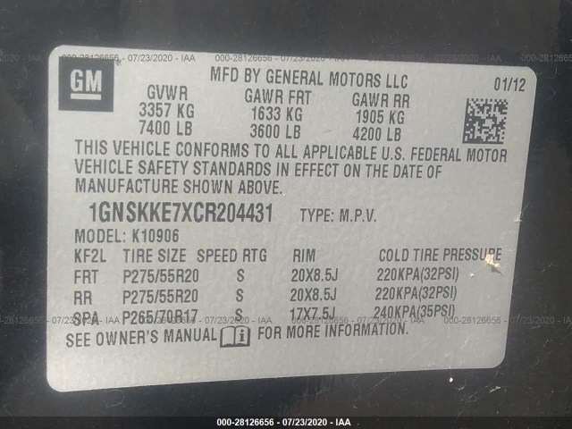 Photo 8 VIN: 1GNSKKE7XCR204431 - CHEVROLET SUBURBAN 