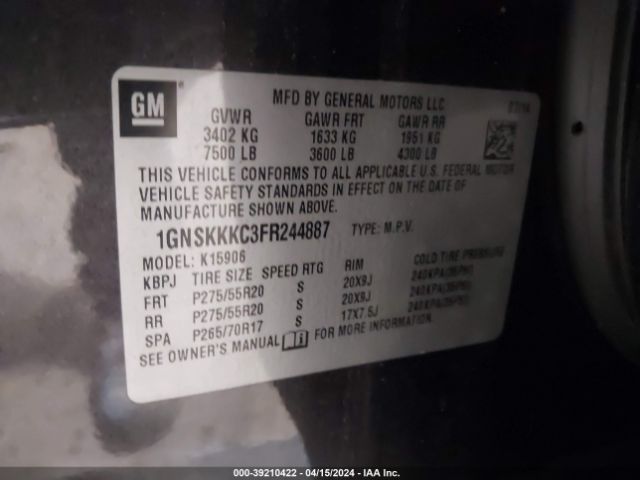 Photo 8 VIN: 1GNSKKKC3FR244887 - CHEVROLET SUBURBAN 1500 