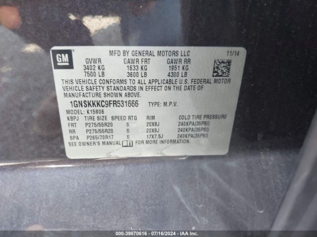 Photo 8 VIN: 1GNSKKKC9FR531666 - CHEVROLET SUBURBAN 