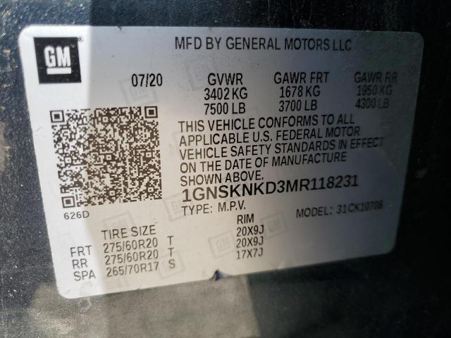 Photo 12 VIN: 1GNSKNKD3MR118231 - CHEVROLET TAHOE 