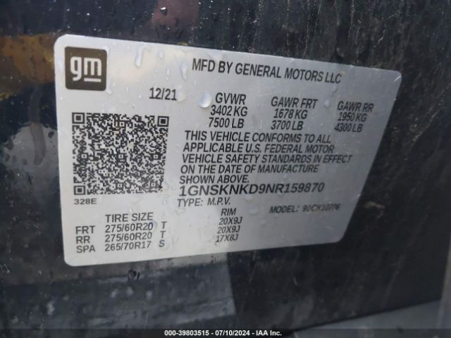 Photo 8 VIN: 1GNSKNKD9NR159870 - CHEVROLET TAHOE 