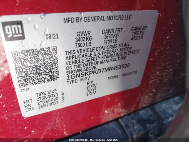 Photo 8 VIN: 1GNSKPKD7MR453598 - CHEVROLET TAHOE 