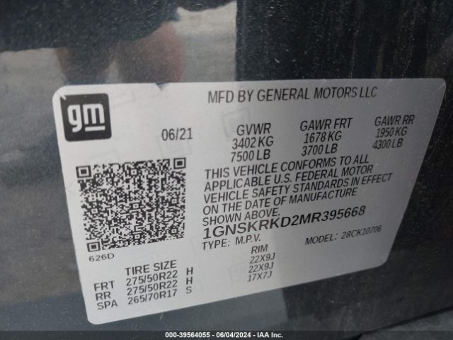 Photo 8 VIN: 1GNSKRKD2MR395668 - CHEVROLET TAHOE 