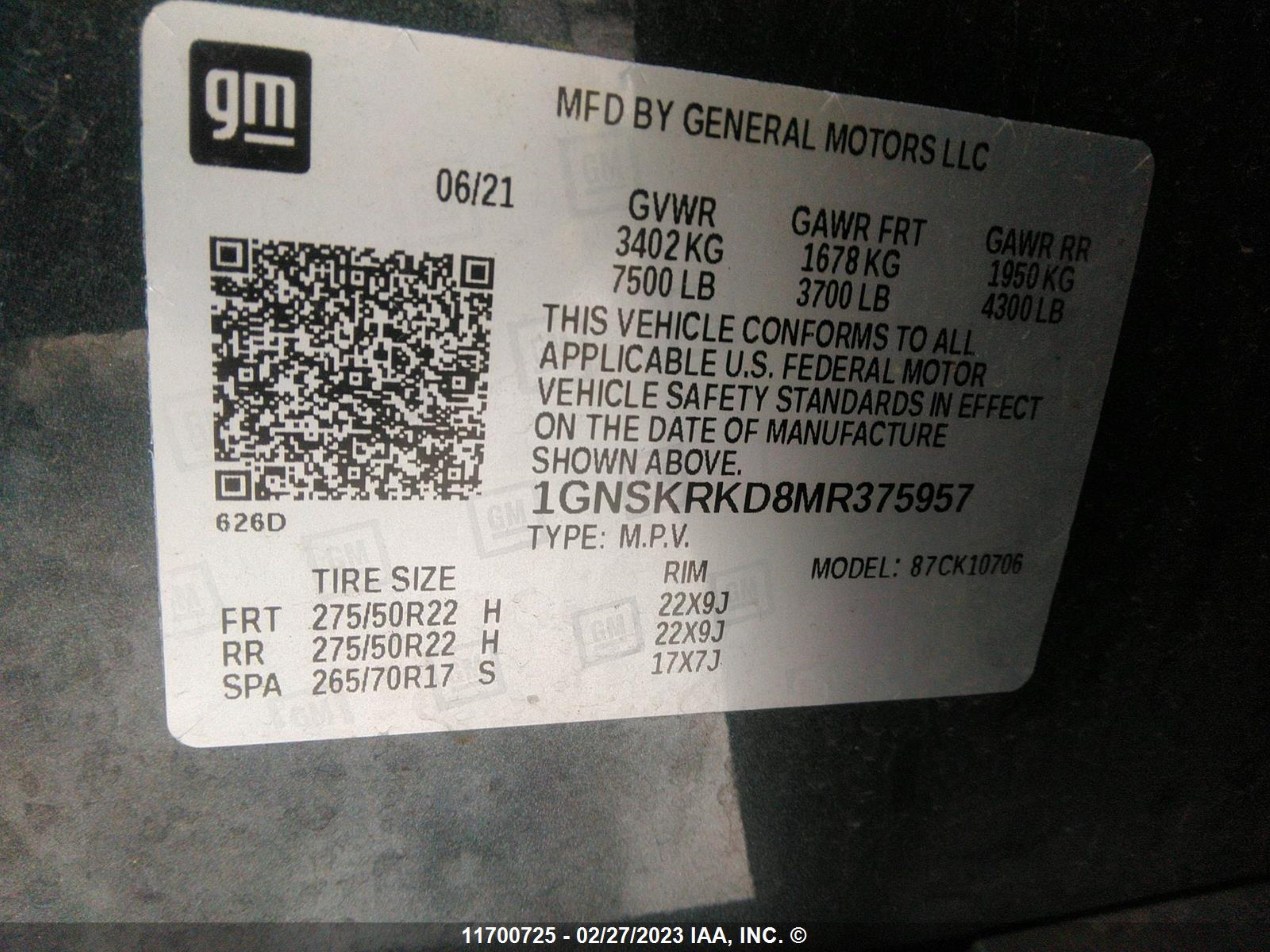 Photo 8 VIN: 1GNSKRKD8MR375957 - CHEVROLET TAHOE 