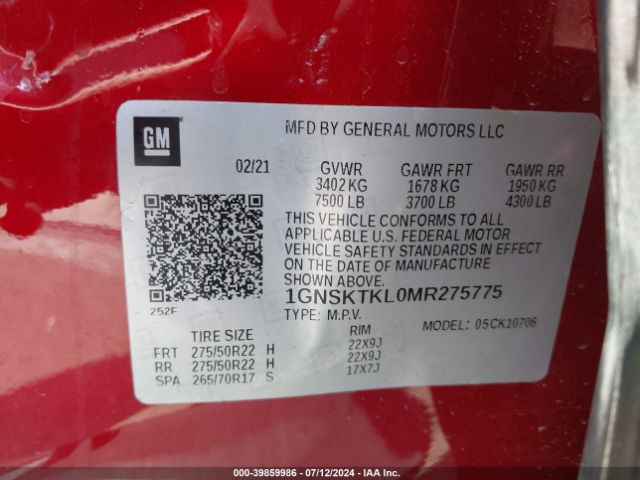 Photo 8 VIN: 1GNSKTKL0MR275775 - CHEVROLET TAHOE 