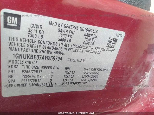 Photo 8 VIN: 1GNUKBE07AR259704 - CHEVROLET TAHOE 