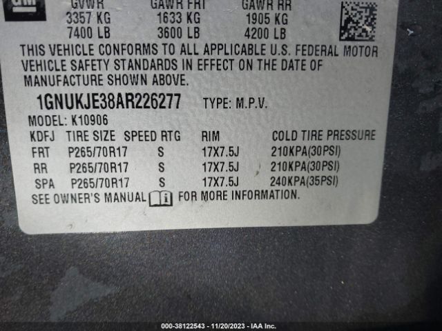 Photo 8 VIN: 1GNUKJE38AR226277 - CHEVROLET SUBURBAN 1500 