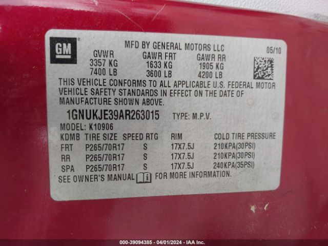 Photo 8 VIN: 1GNUKJE39AR263015 - CHEVROLET SUBURBAN 1500 