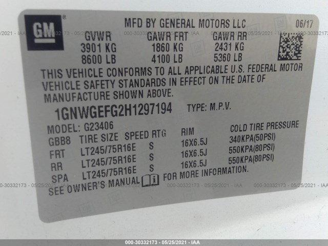 Photo 8 VIN: 1GNWGEFG2H1297194 - CHEVROLET EXPRESS PASSENGER 