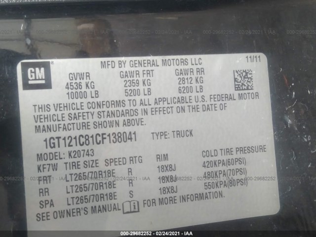 Photo 8 VIN: 1GT121C81CF138041 - GMC SIERRA 2500HD 