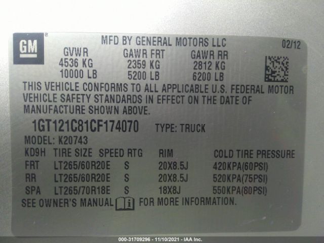 Photo 8 VIN: 1GT121C81CF174070 - GMC SIERRA 2500HD 