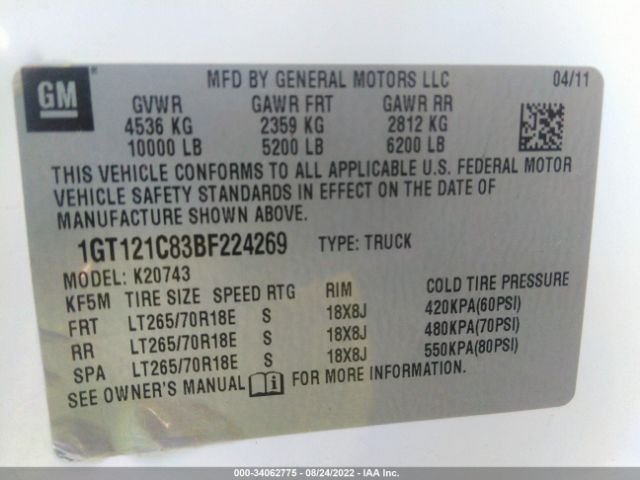 Photo 8 VIN: 1GT121C83BF224269 - GMC SIERRA 2500HD 