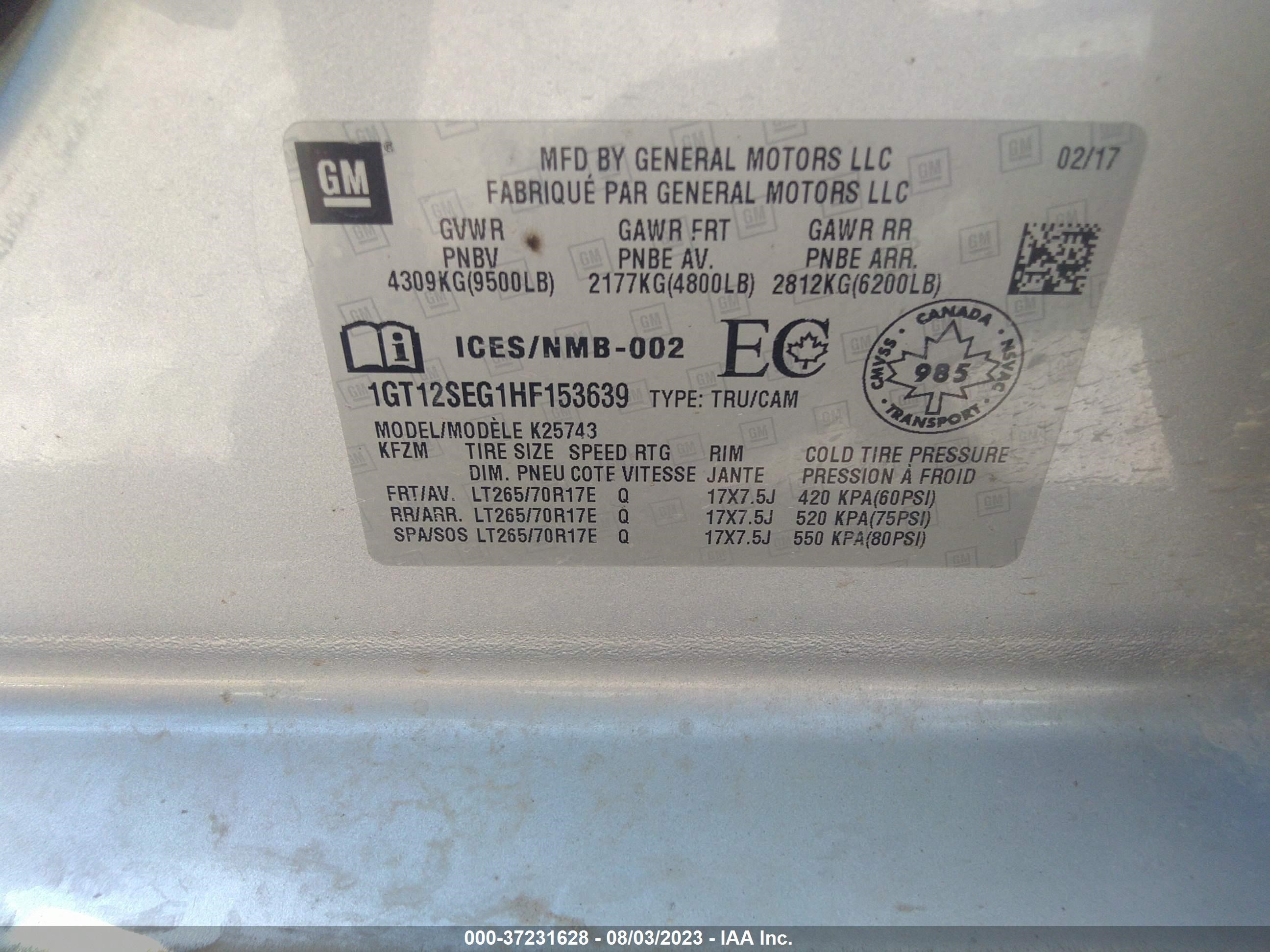 Photo 8 VIN: 1GT12SEG1HF153639 - GMC SIERRA 