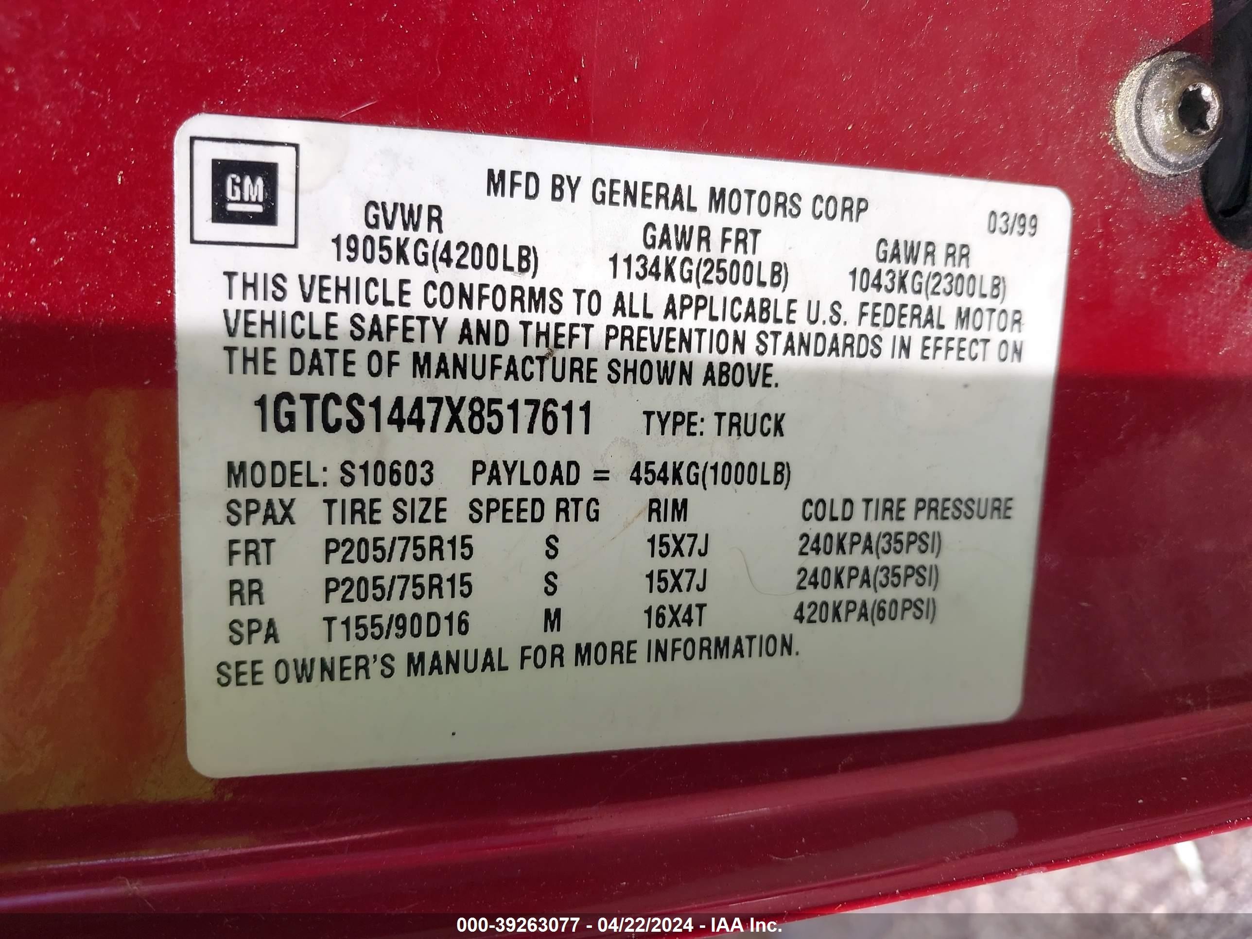 Photo 8 VIN: 1GTCS1447X8517611 - GMC SONOMA 