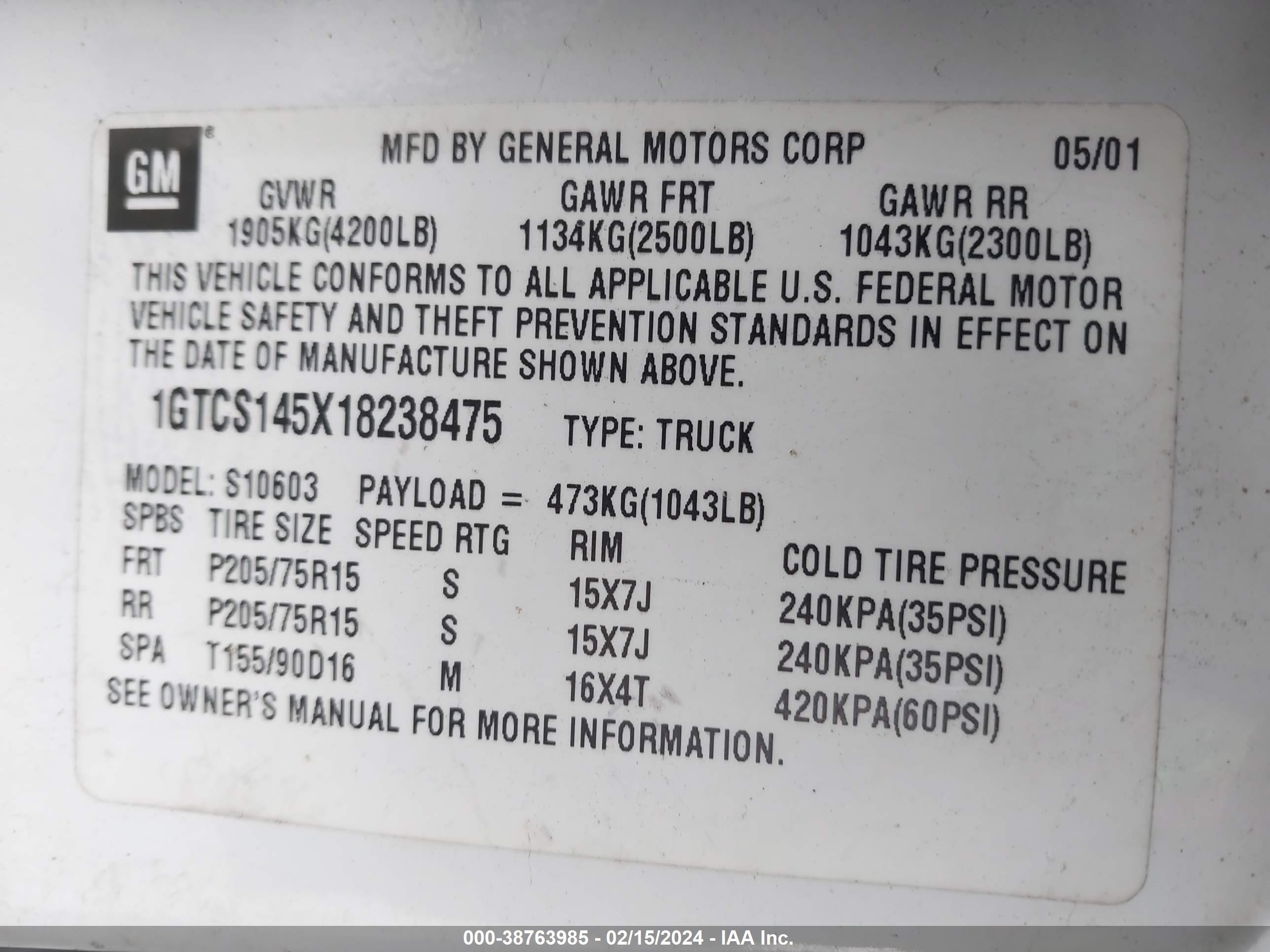 Photo 8 VIN: 1GTCS145X18238475 - GMC SONOMA 