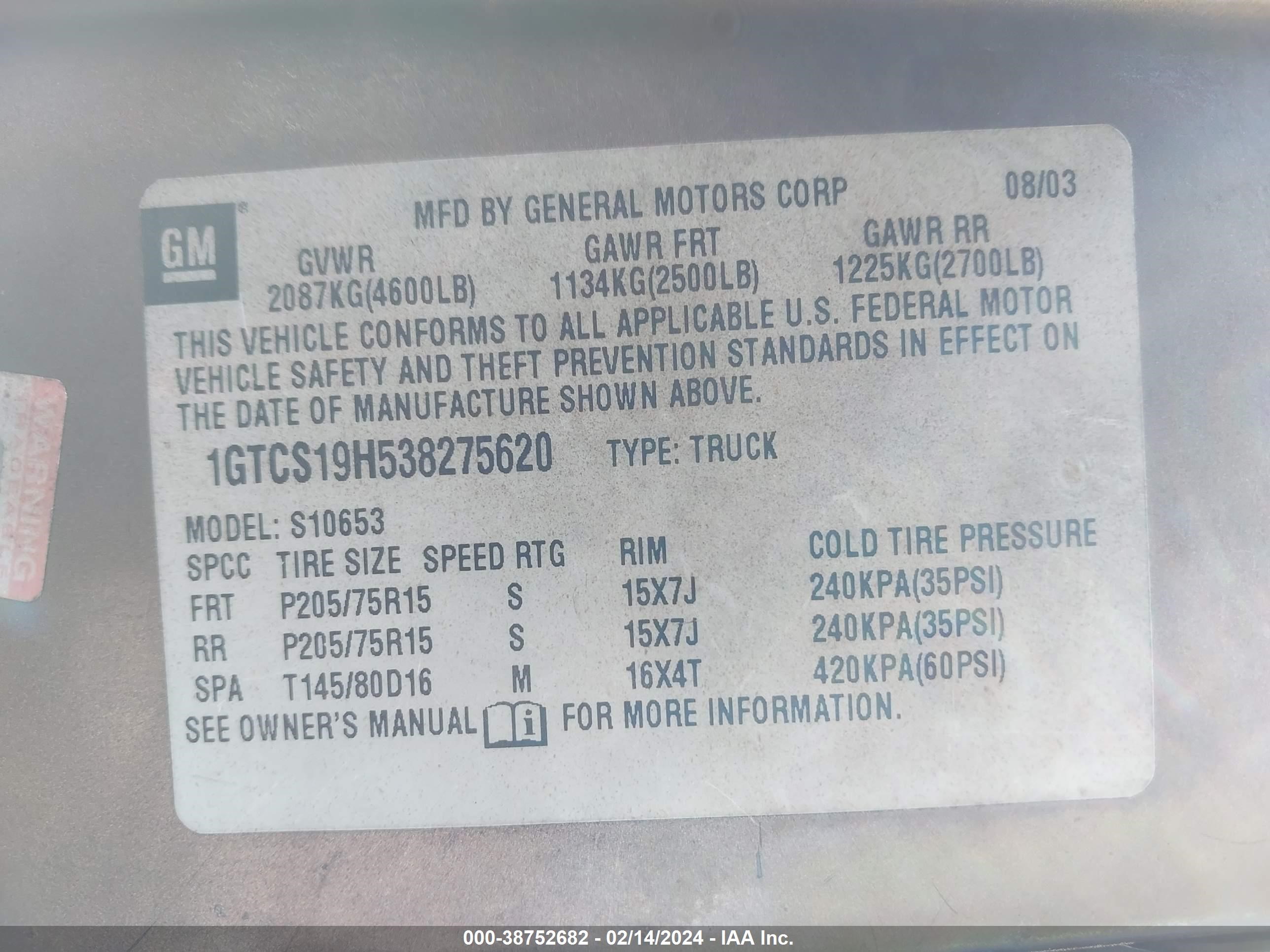 Photo 8 VIN: 1GTCS19H538275620 - GMC SONOMA 