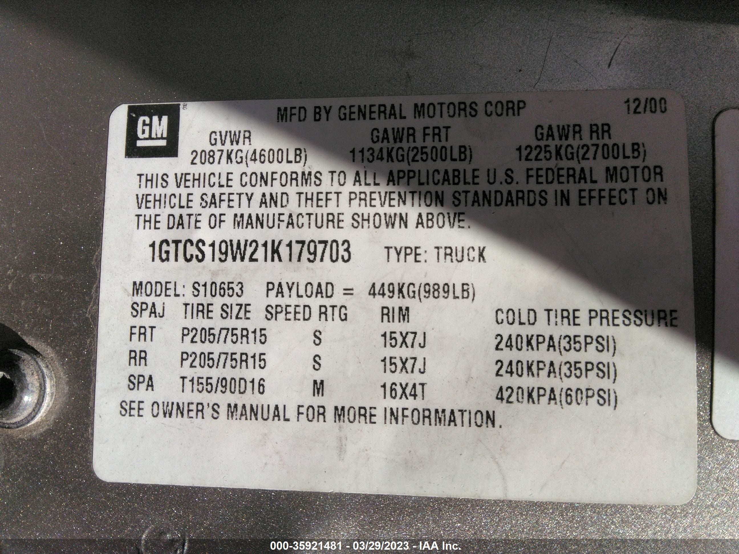 Photo 8 VIN: 1GTCS19W21K179703 - GMC SONOMA 