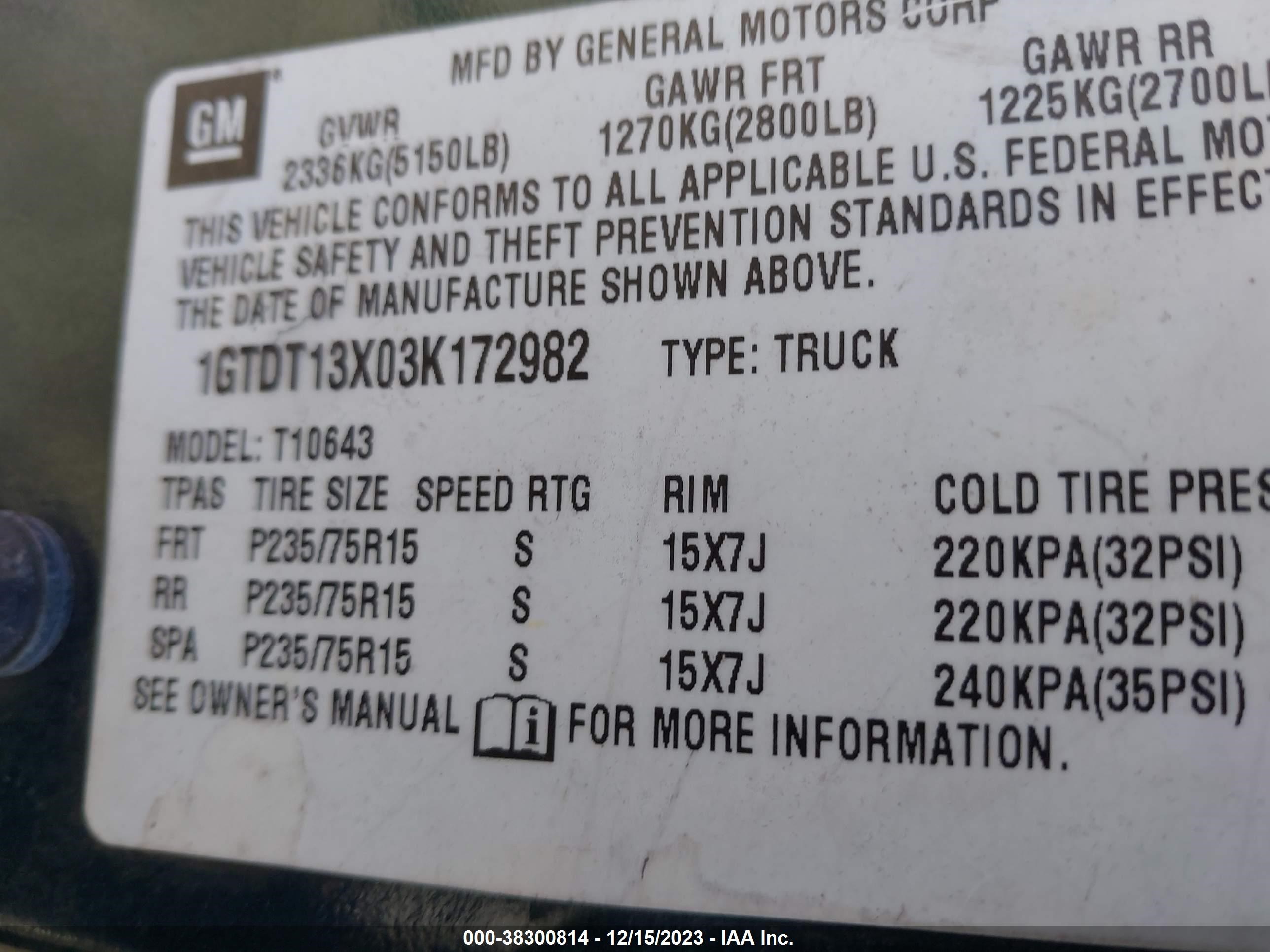 Photo 8 VIN: 1GTDT13X03K172982 - GMC SONOMA 