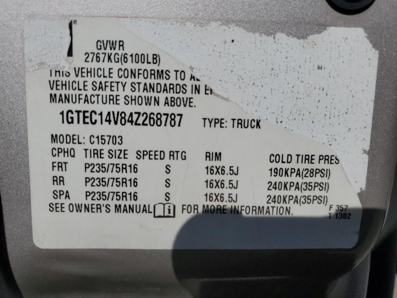 Photo 12 VIN: 1GTEC14V84Z268787 - GMC SIERRA 