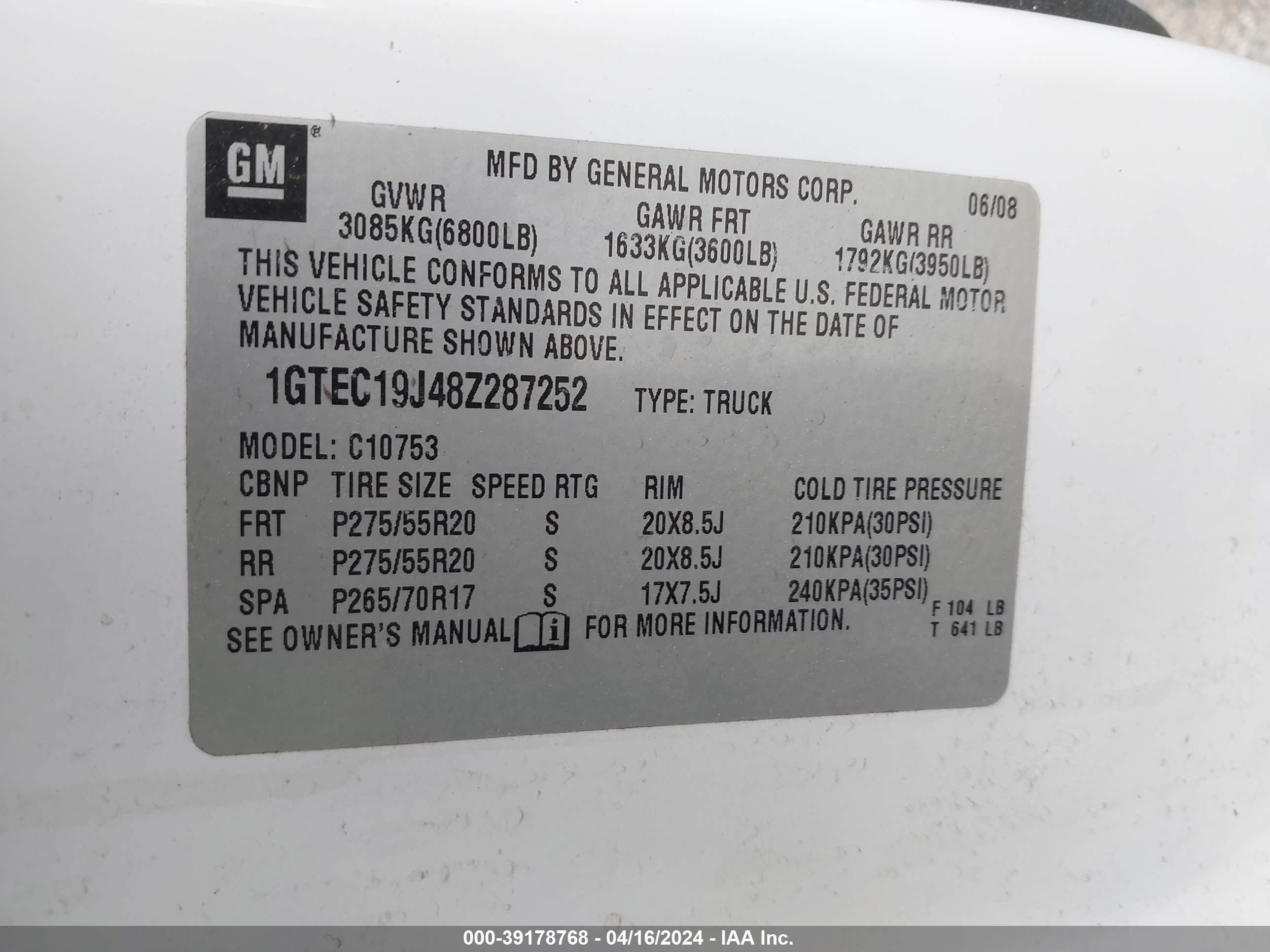 Photo 8 VIN: 1GTEC19J48Z287252 - GMC SIERRA 