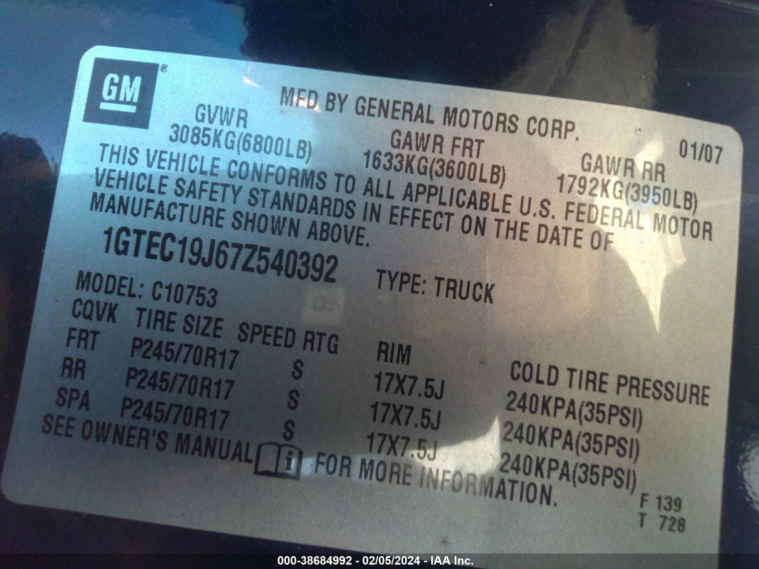 Photo 8 VIN: 1GTEC19J67Z540392 - GMC SIERRA 