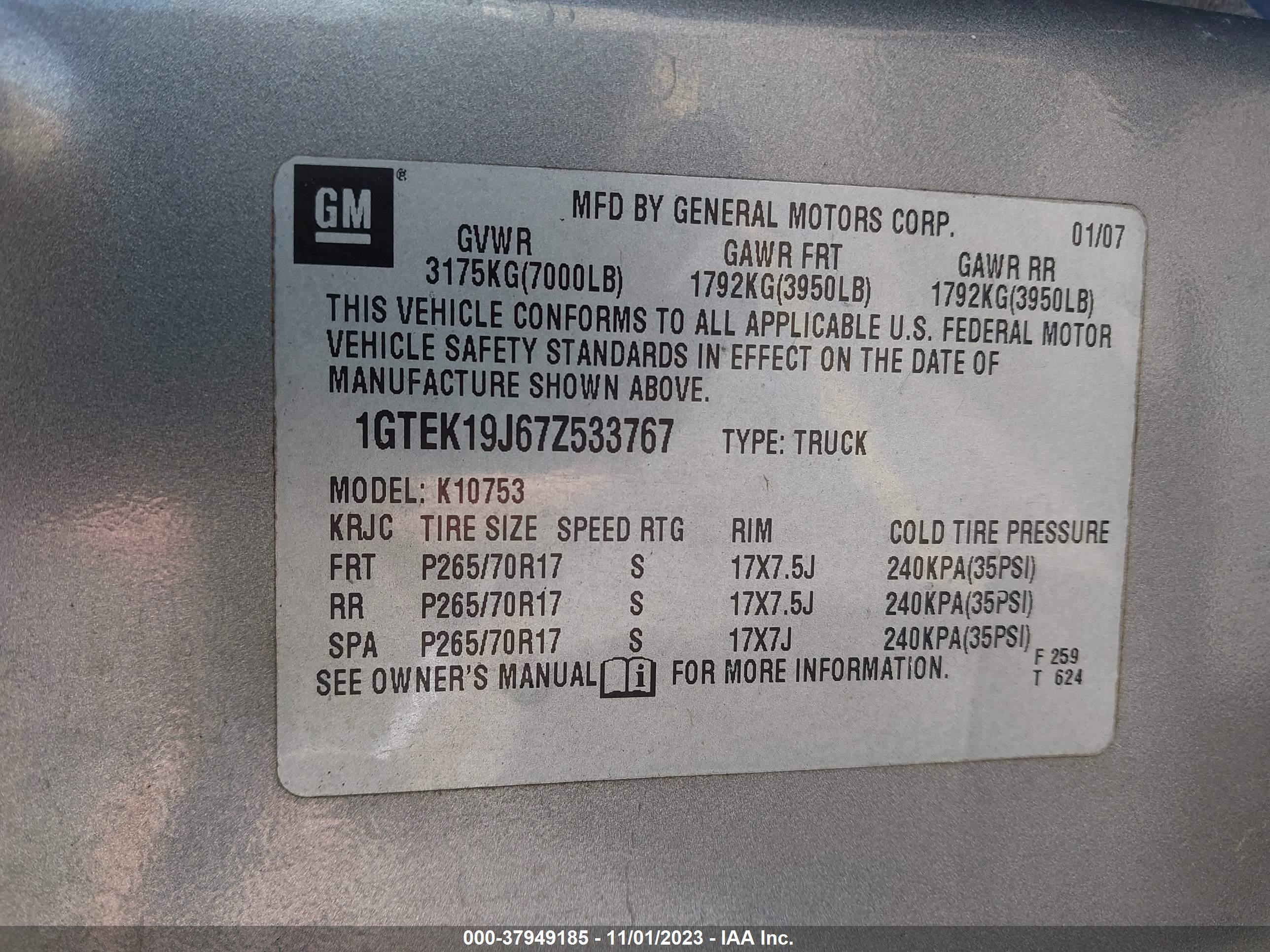 Photo 8 VIN: 1GTEK19J67Z533767 - GMC SIERRA 