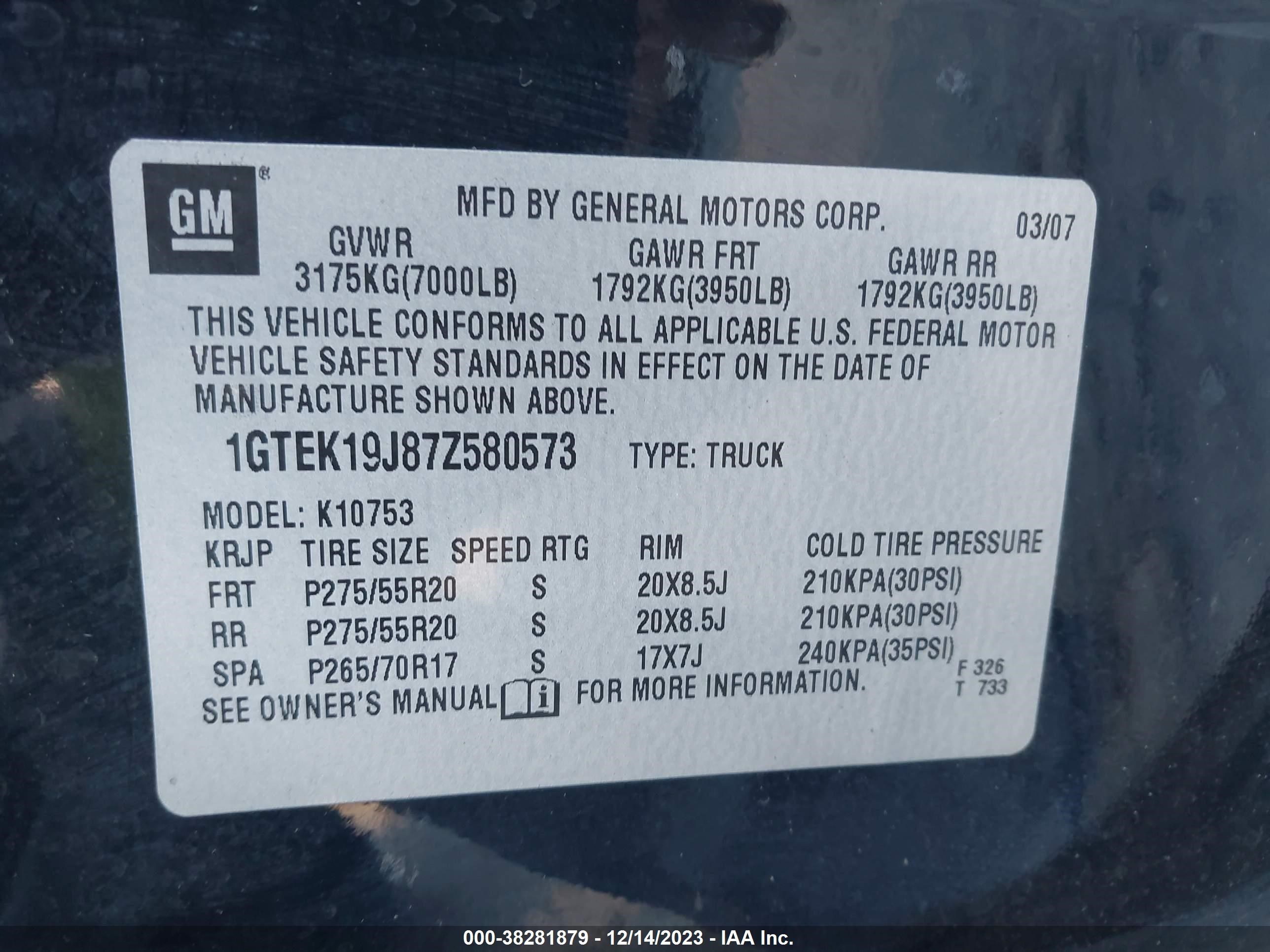 Photo 8 VIN: 1GTEK19J87Z580573 - GMC SIERRA 