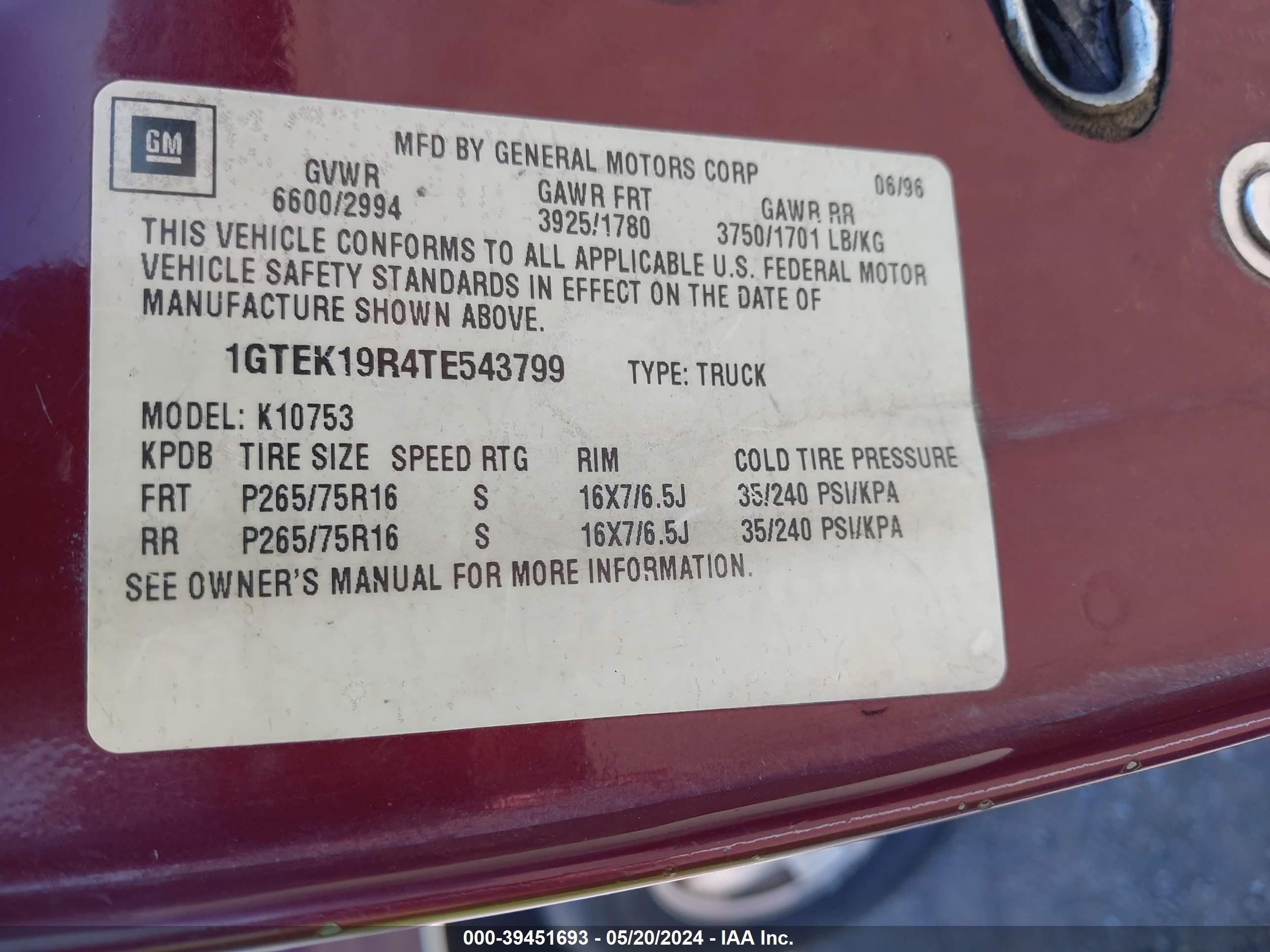 Photo 8 VIN: 1GTEK19R4TE543799 - GMC SIERRA 