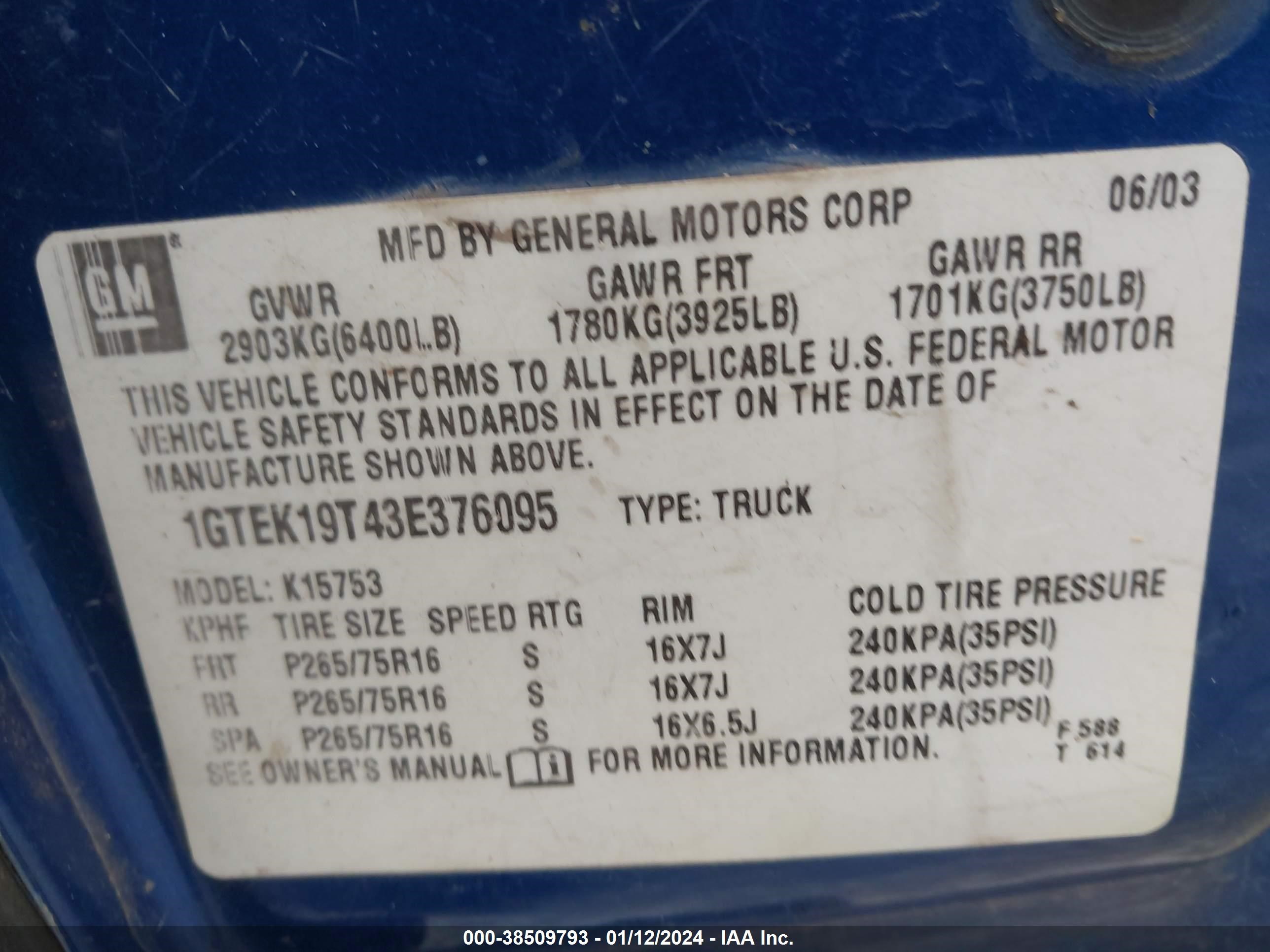 Photo 8 VIN: 1GTEK19T43E376095 - GMC SIERRA 