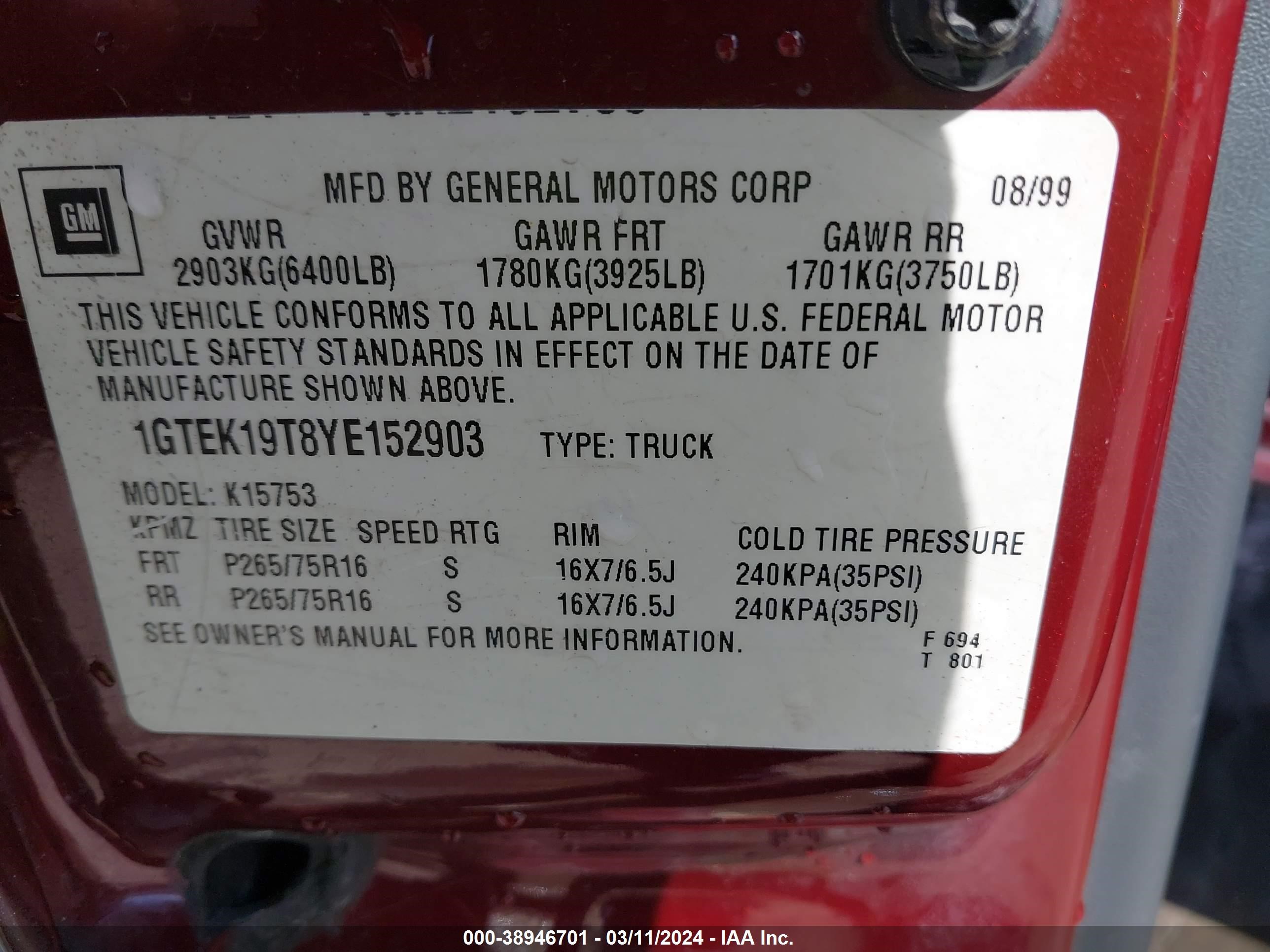 Photo 8 VIN: 1GTEK19T8YE152903 - GMC SIERRA 