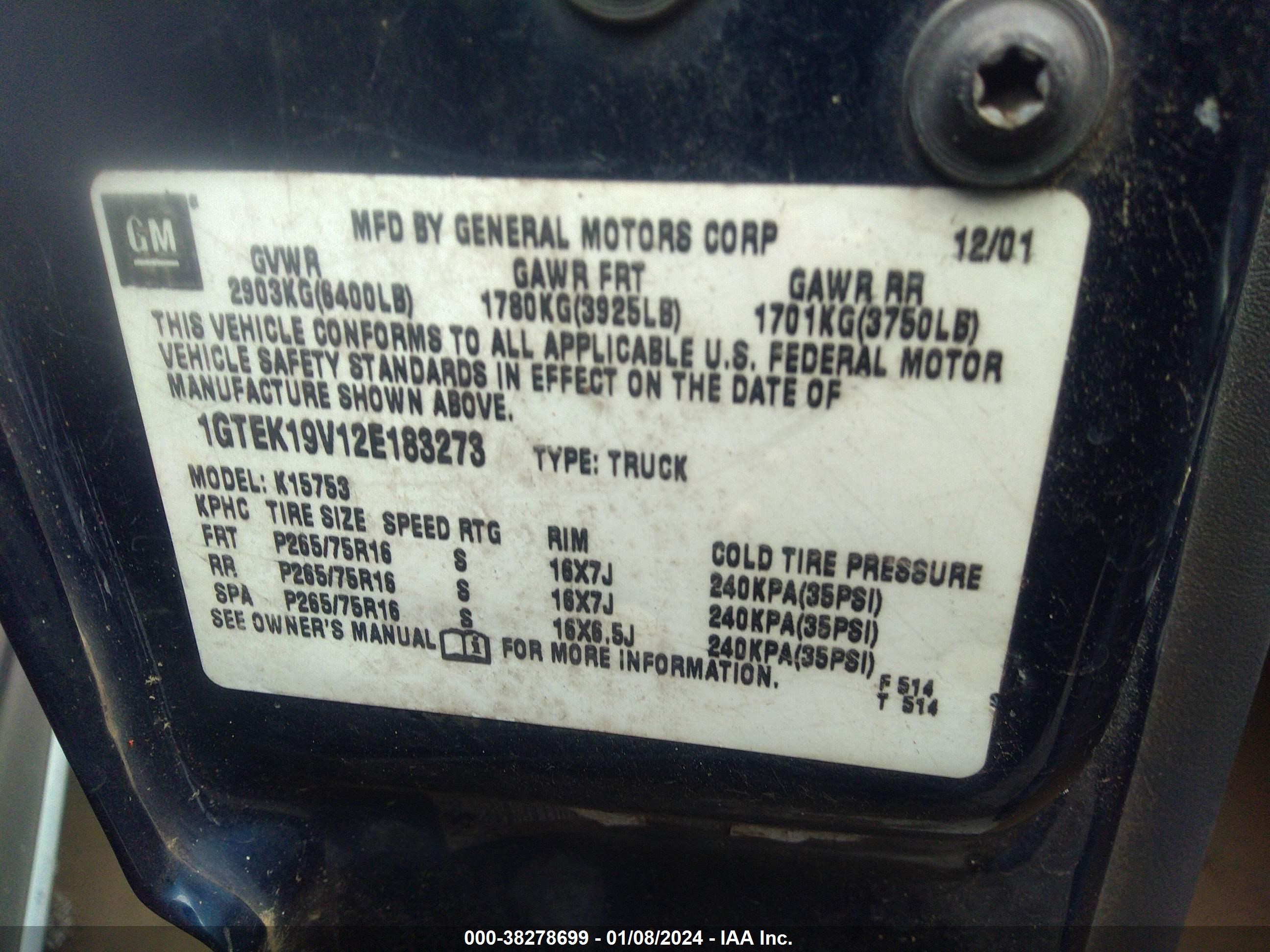 Photo 8 VIN: 1GTEK19V12E183273 - GMC SIERRA 