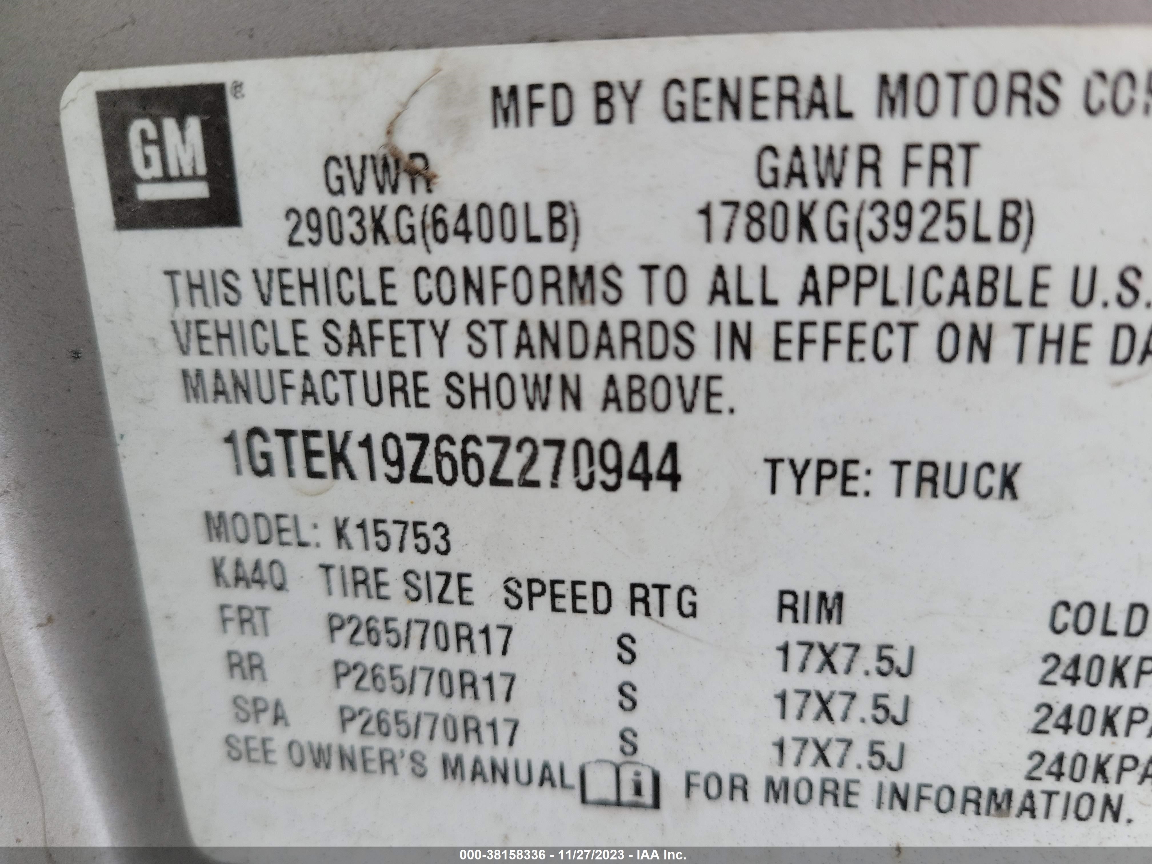 Photo 8 VIN: 1GTEK19Z66Z270944 - GMC SIERRA 