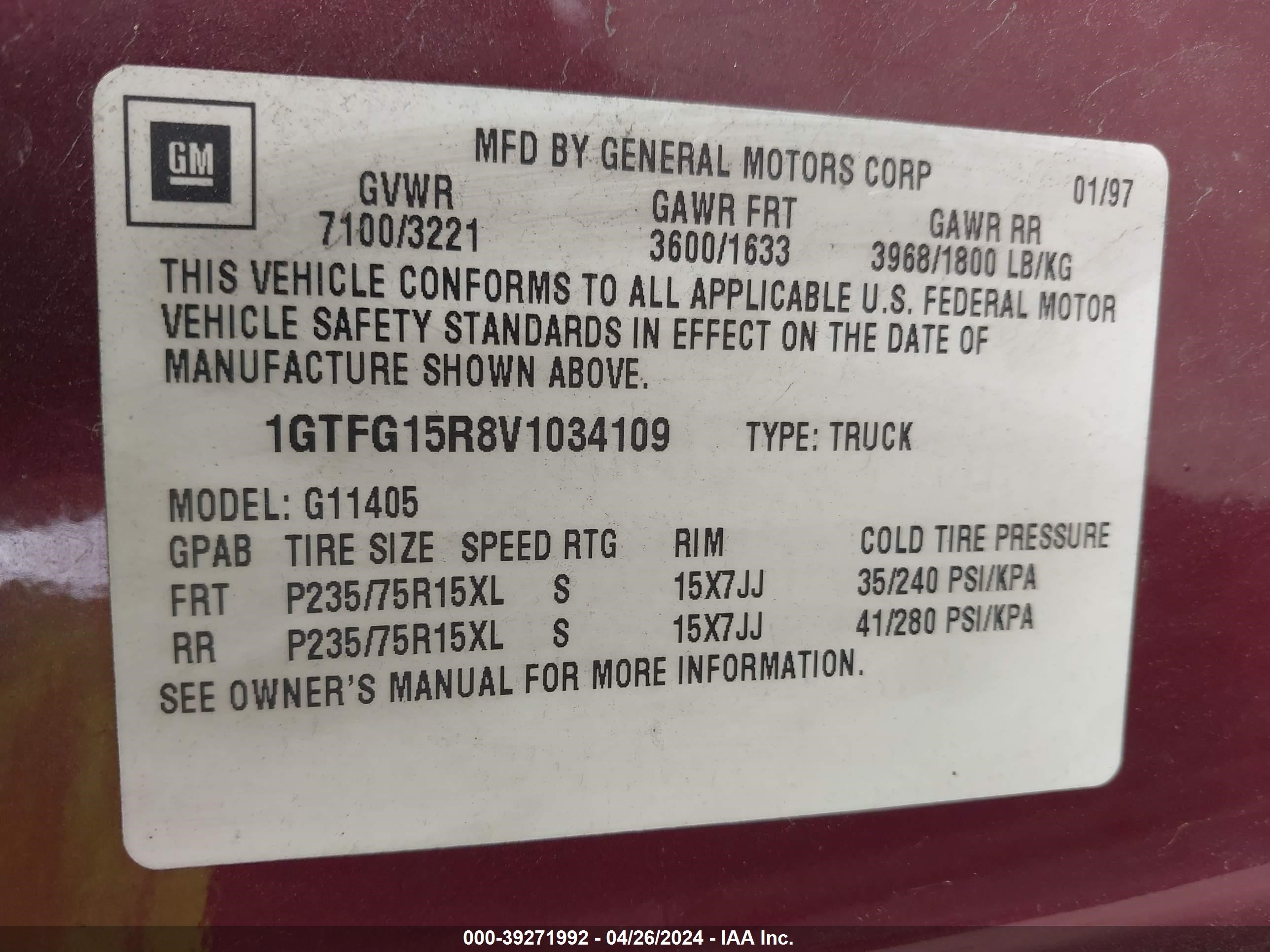 Photo 8 VIN: 1GTFG15R8V1034109 - GMC SAVANA 