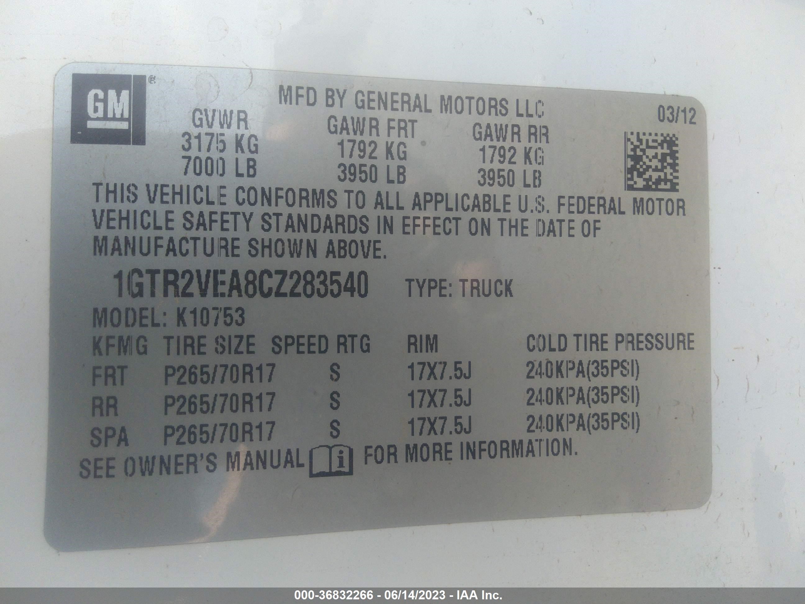 Photo 8 VIN: 1GTR2VEA8CZ283540 - GMC SIERRA 