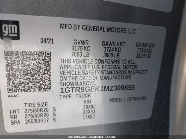 Photo 8 VIN: 1GTR9GEK1MZ309655 - GMC SIERRA 