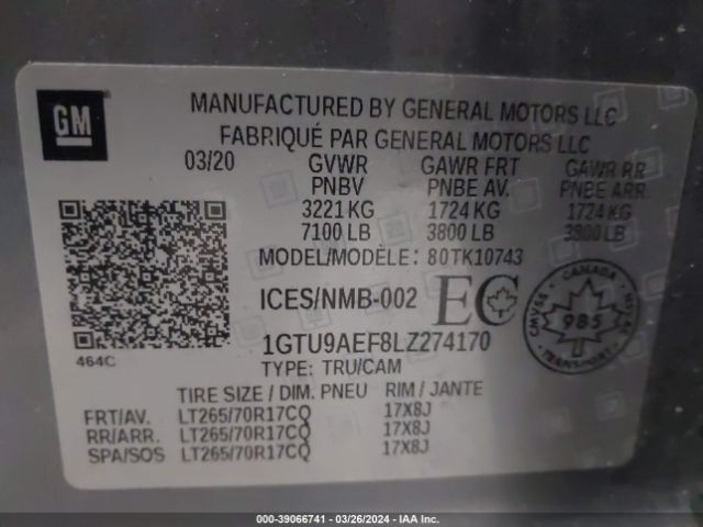 Photo 8 VIN: 1GTU9AEF8LZ274170 - GMC SIERRA 1500 