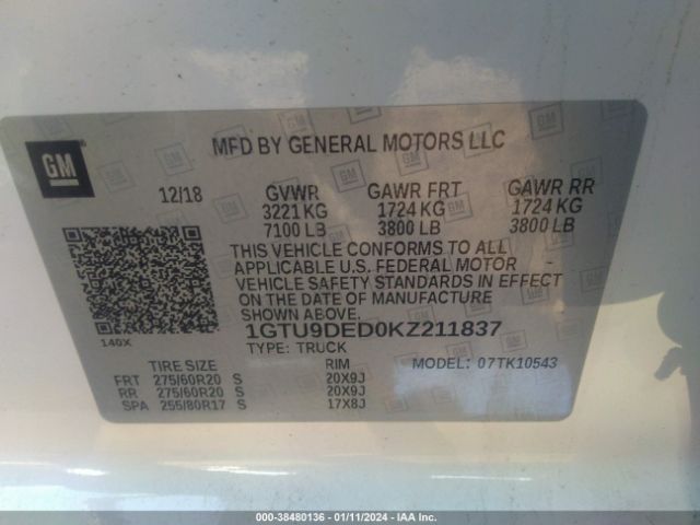 Photo 8 VIN: 1GTU9DED0KZ211837 - GMC SIERRA 1500 