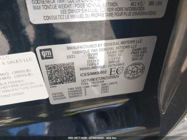 Photo 8 VIN: 1GTU9EET2NZ105925 - GMC SIERRA LIMITED 