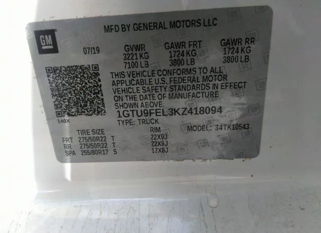 Photo 8 VIN: 1GTU9FEL3KZ418094 - GMC SIERRA 1500 