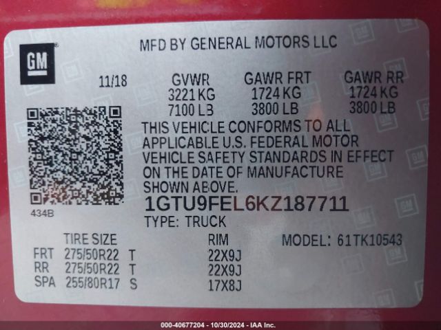 Photo 8 VIN: 1GTU9FEL6KZ187711 - GMC SIERRA 