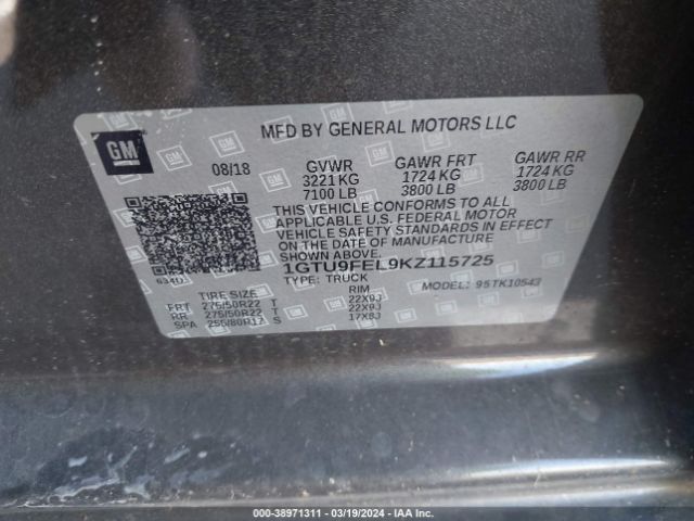 Photo 8 VIN: 1GTU9FEL9KZ115725 - GMC SIERRA 1500 