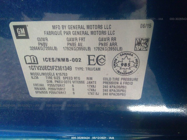 Photo 8 VIN: 1GTV2UEC5FZ361349 - GMC SIERRA 1500 