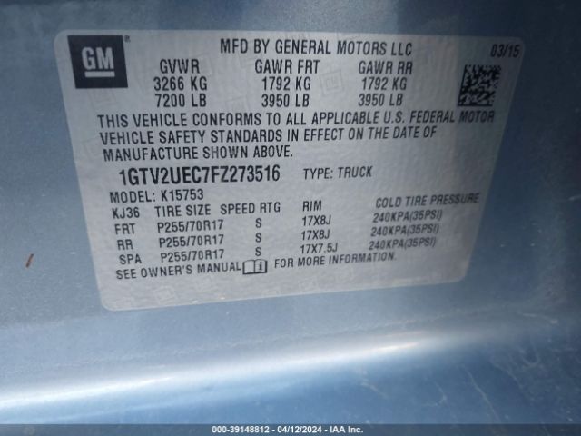 Photo 8 VIN: 1GTV2UEC7FZ273516 - GMC SIERRA 1500 